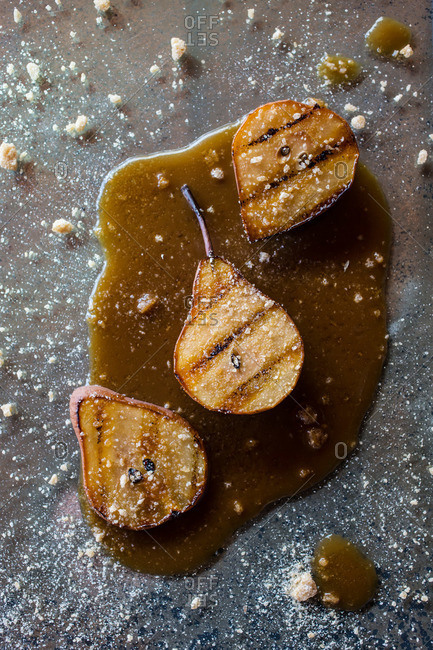 Dessert of grilled bosc pears with caramel