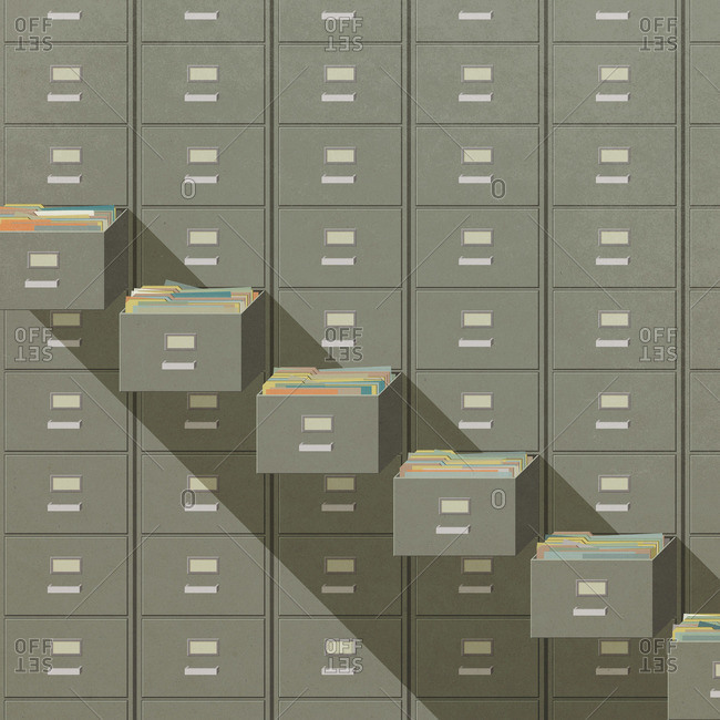 Bank Of Filing Cabinets With Open Drawers In Stair Step Sequence