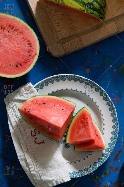 Overhead view of watermelon on a table