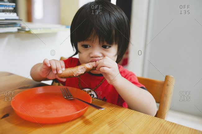 Boy eating a hot dog at table