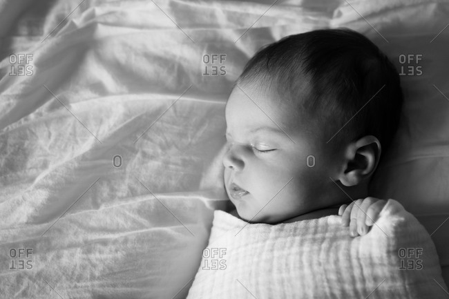 Newborn baby sleeping in black and white
