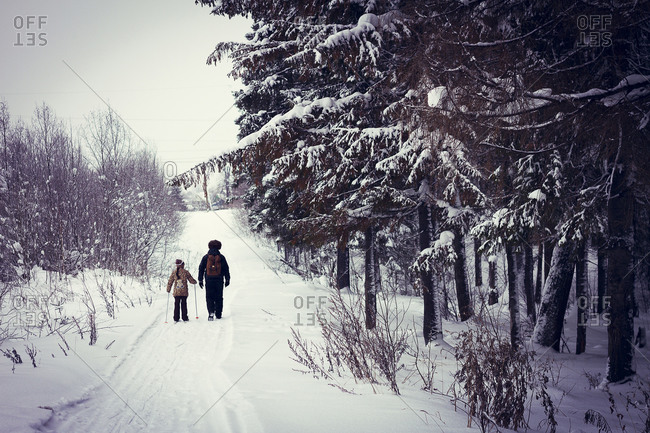 Father and daughter cross-country skiing on snowy road