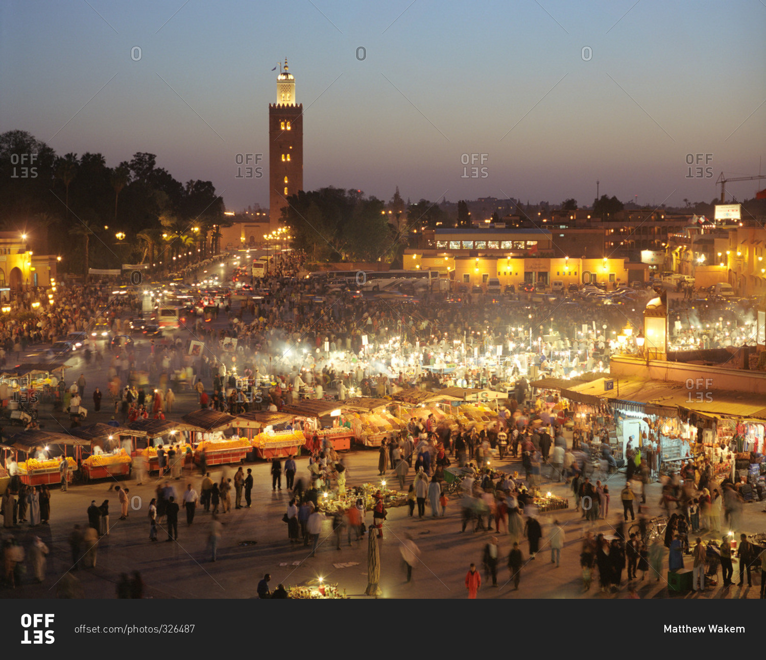 Crowds in market in Moroccan plaza