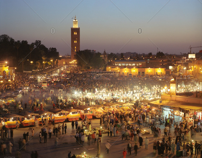 Crowds in market in Moroccan plaza