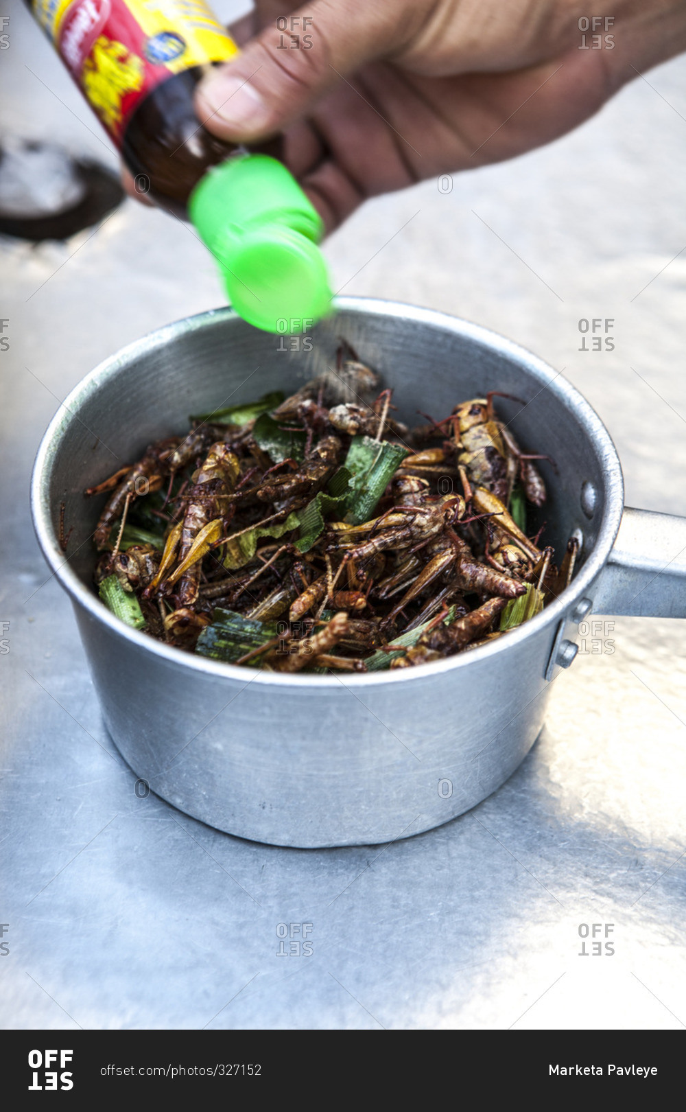 Hand of a person putting sauce on a pot of Thai cooked insects