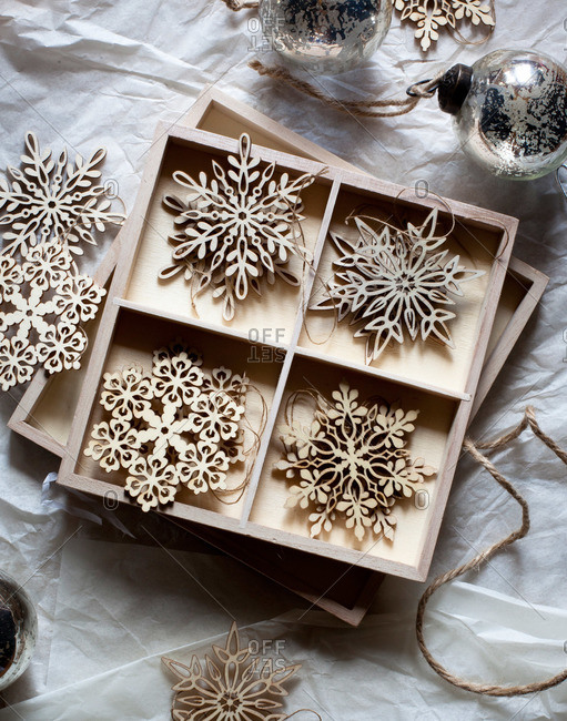 A box of snowflake ornaments