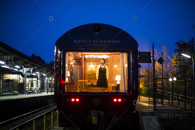 Japan - November 22, 2015: Seven Stars Kyushu luxury train at dawn near ...