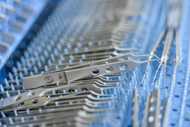 Close up of surgical instruments in clean room of surgical instruments factory