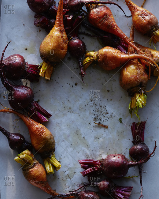 Colorful roasted beets on parchment paper