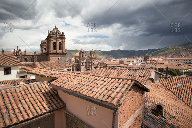 Overview of Plaza de Armas and the red tiled rooftops of Cusco, Peru