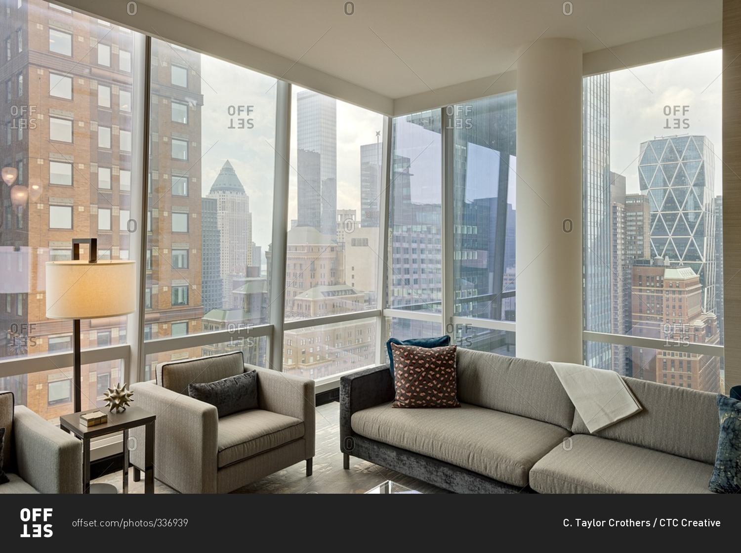 New York, NY - July 27, 2015: Luxurious living room with view of