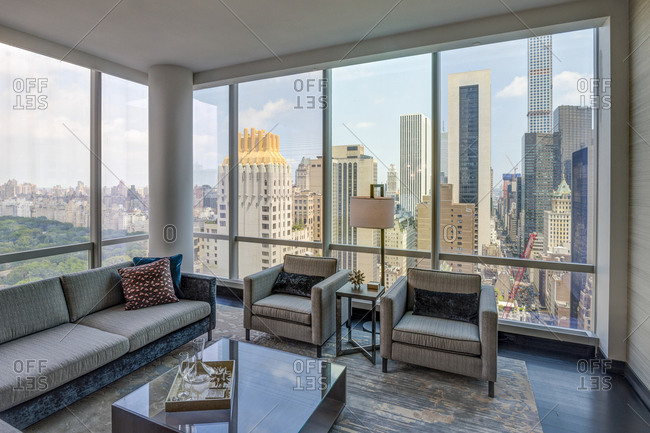 New York, NY - July 27, 2015: Luxury high-rise apartment living room