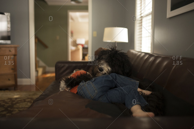 Boy cuddling dog on couch