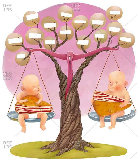 A metaphor illustration of inheritance with a family tree as scales with two babies holding pieces of pie that are equal in weight