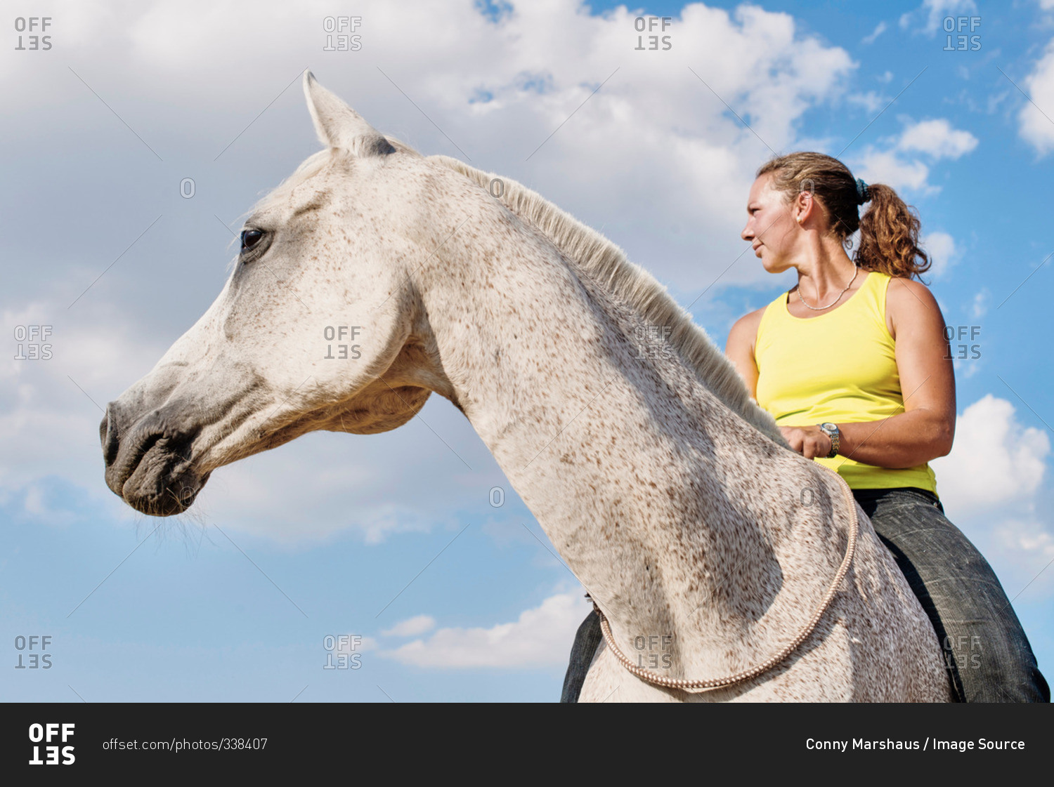Low angle view of woman riding grey horse bareback against blue sky