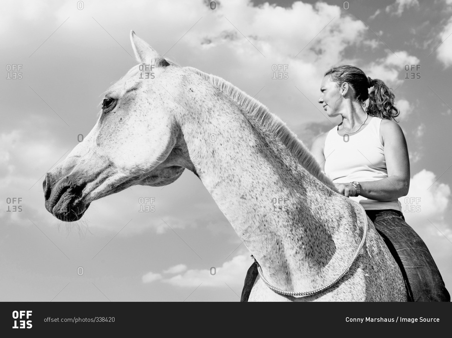 Woman riding grey horse against sky