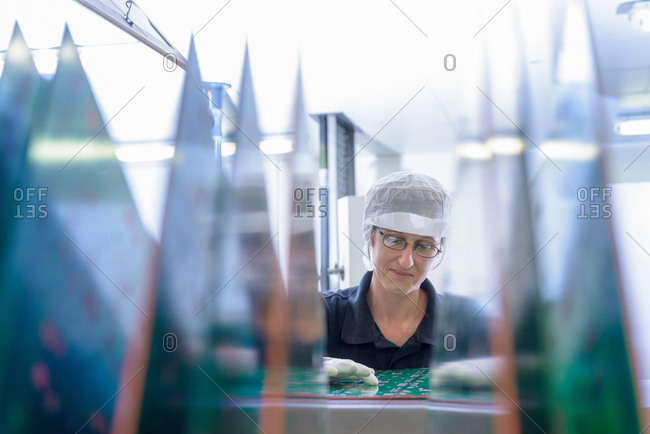 Female worker inspecting circuit boards in circuit board factory