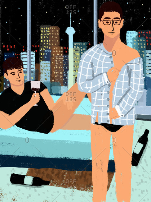 Two men drinking and undressing in an apartment overlooking the city