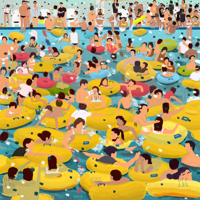 Swimming pool full of people using inner tubes
