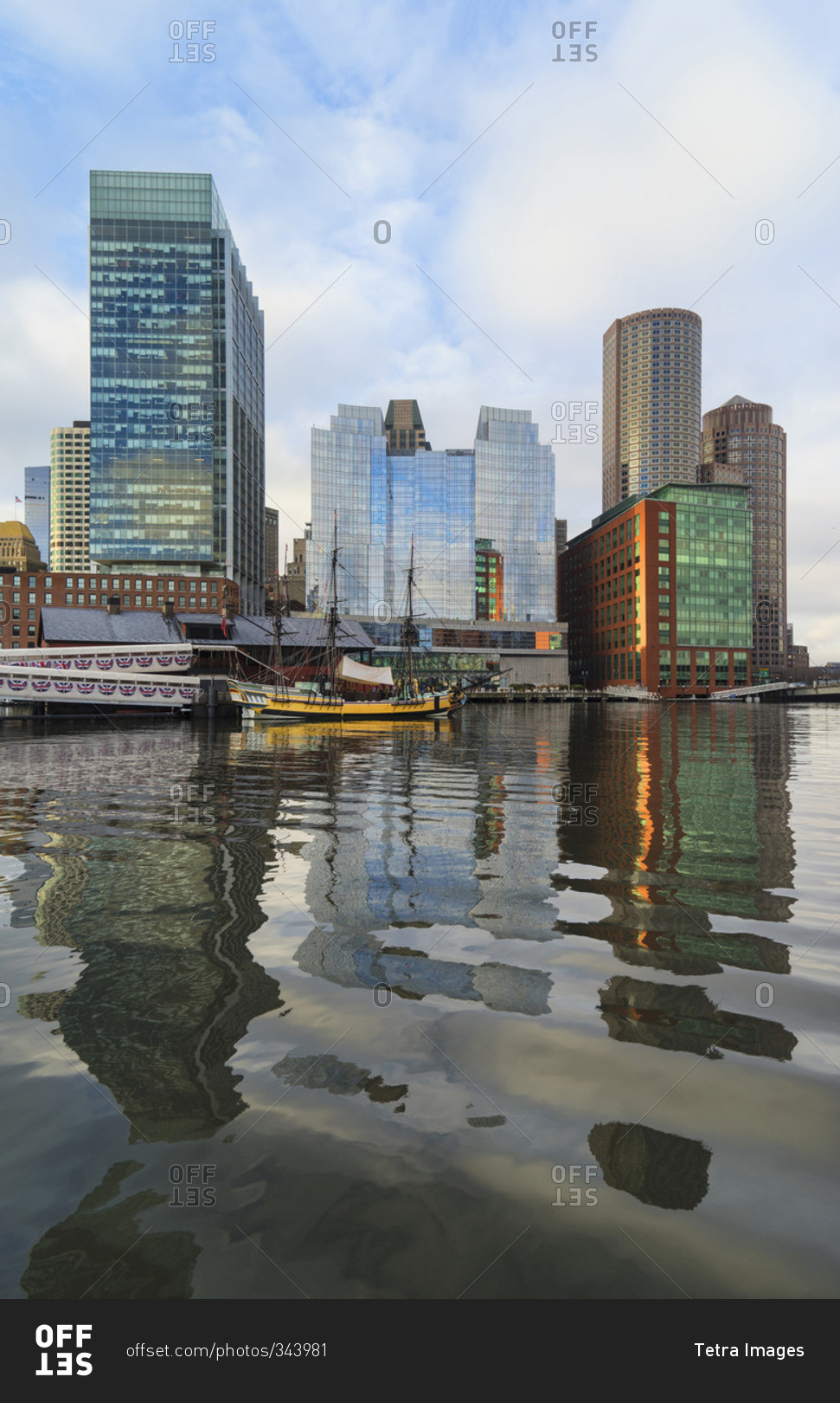 Waterfront of Boston with buildings reflecting in water