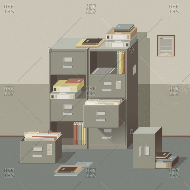 Messy Office With Disorganized Filing Cabinet And Drawers On The