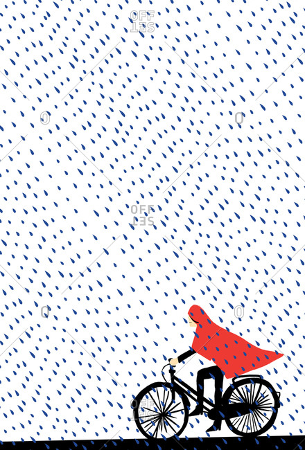 Illustration of a person wearing a red poncho riding a bicycle in the rain