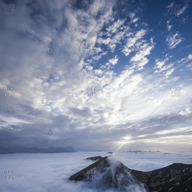Panoramic view on a Sea of clouds with the  Bischof mountain (2033m) and Zugspitze in the background