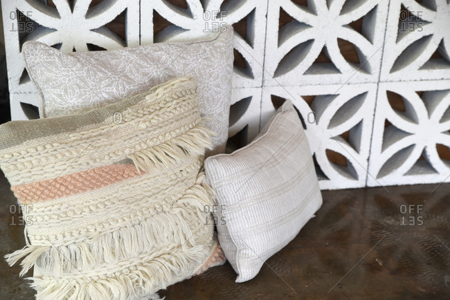 Throw Pillows And Decorative Cement Blocks Stock Photo Offset
