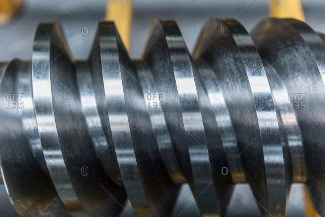 Steel worm drive gear in engineering factory, close up