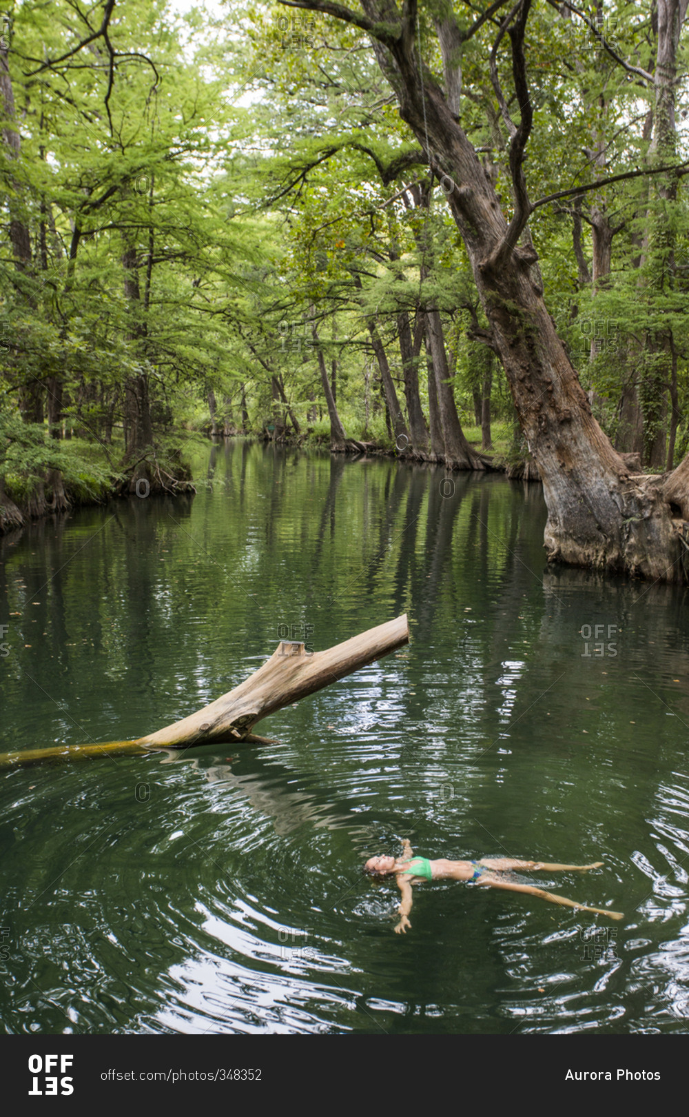 A young woman enjoys a calm swimming hole, the Blue Hole, near Wimberley, Texas.