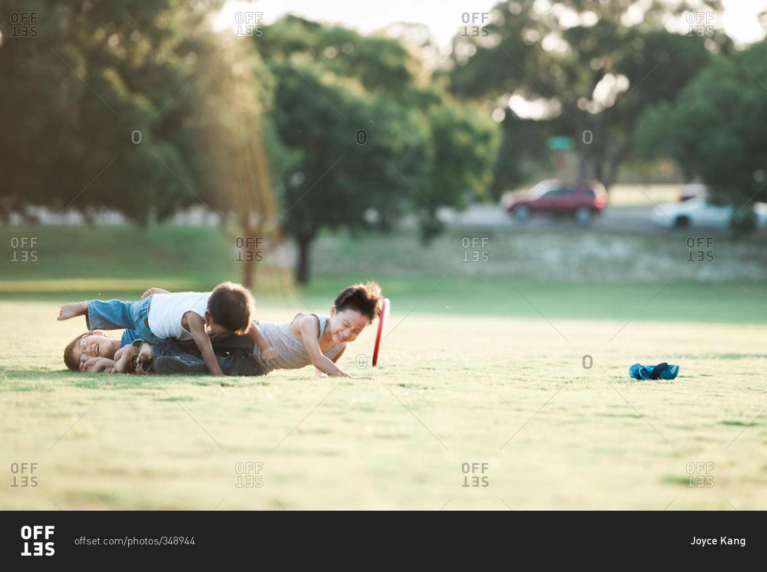 Two little boys wrestling in a field