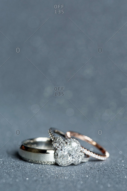 Close-up of a diamond ring and wedding ring