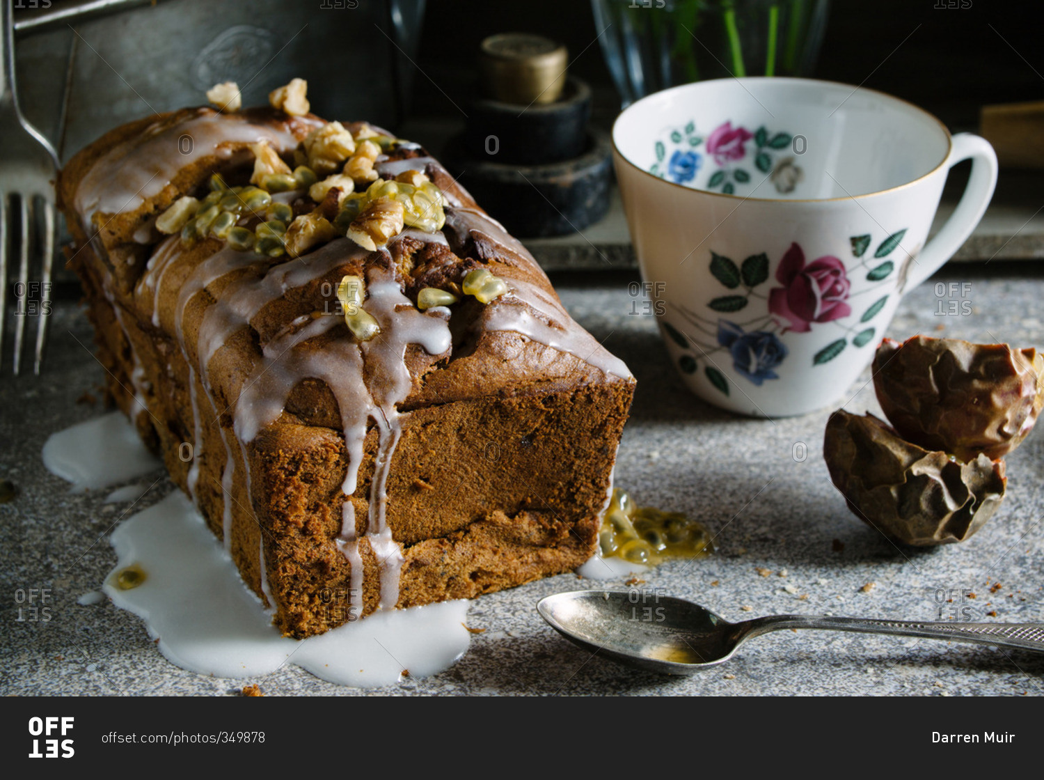 Banana walnut and passion fruit bread with a floral teacup