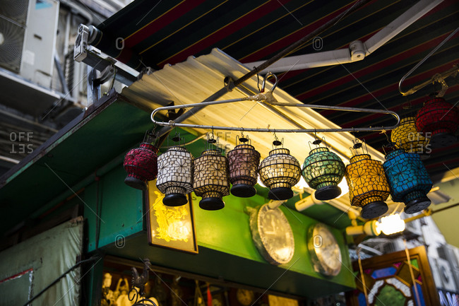 Row of colorful sconces on a store at Upper Lascar Row, Hong Kong