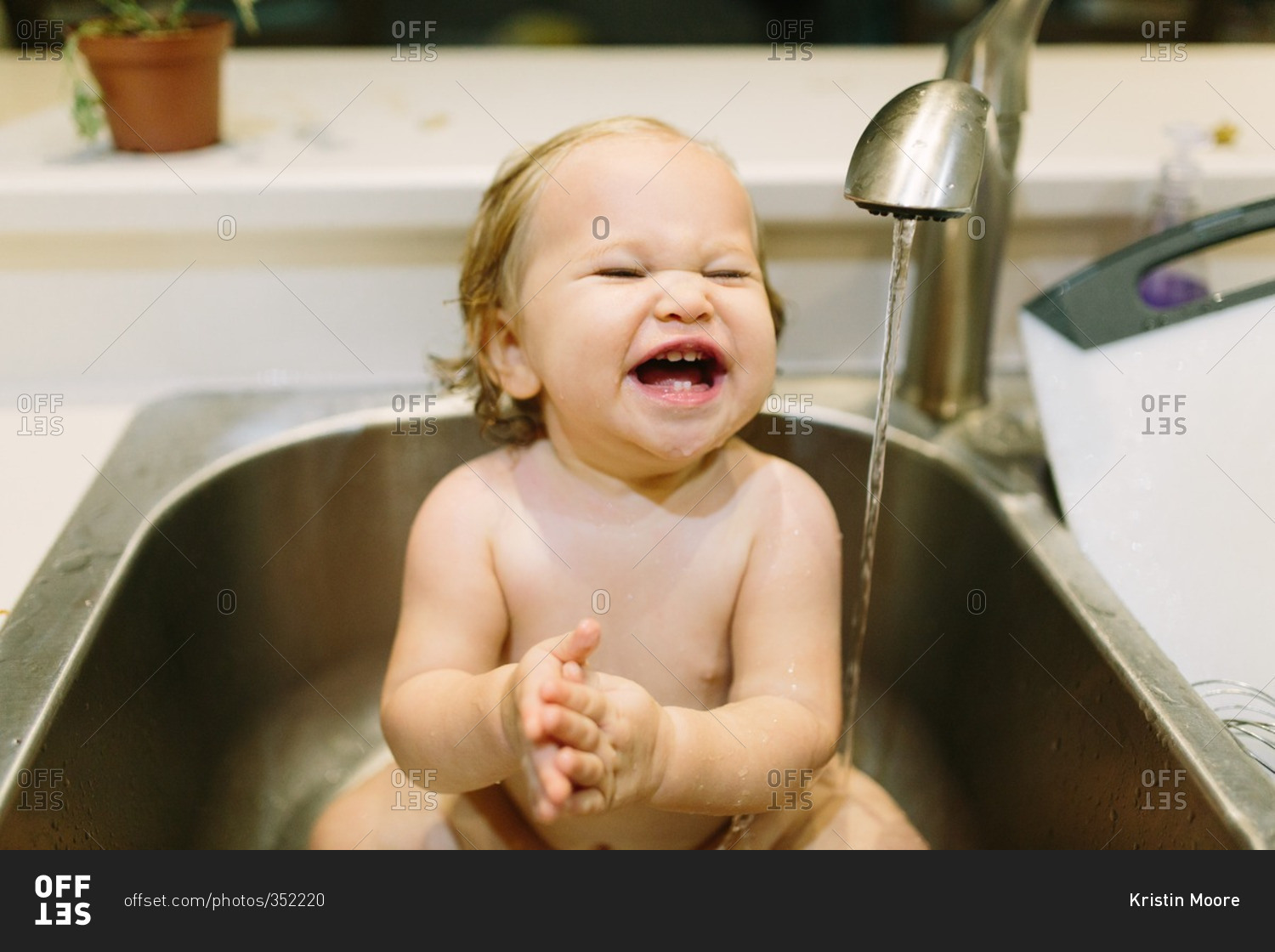 Toddler getting a bath in the kitchen sink stock photo OFFSET