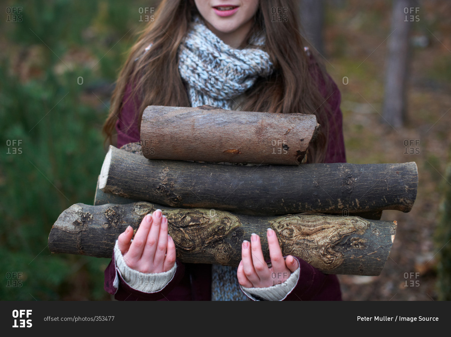Young woman collecting logs for campfire in forest