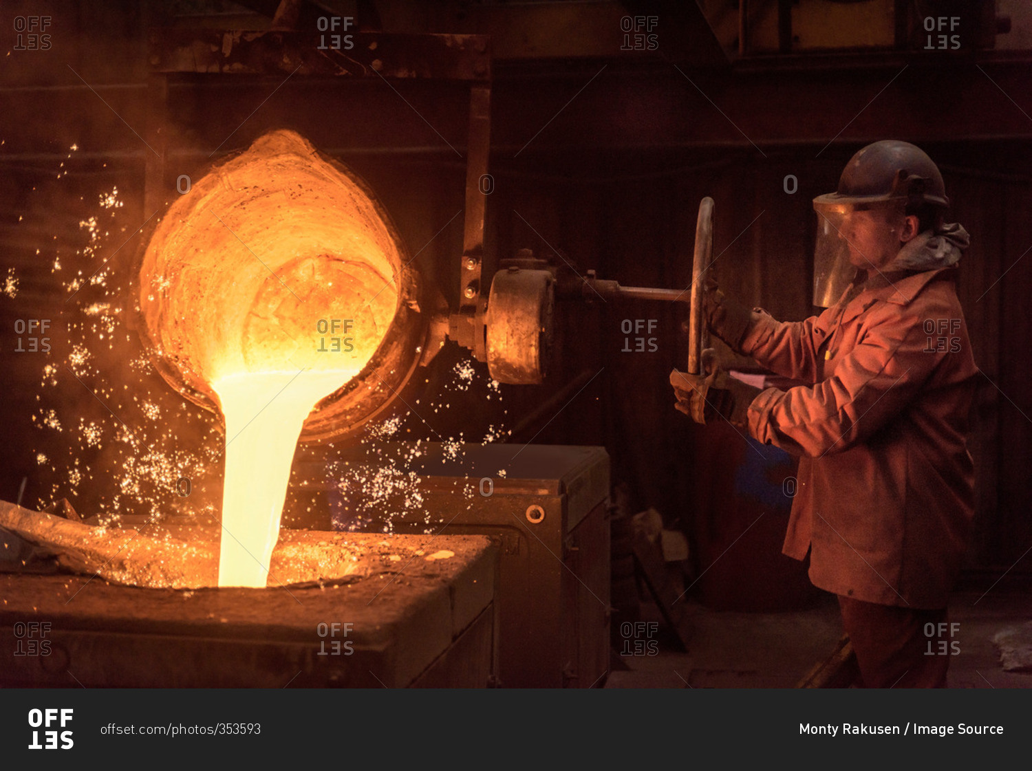 Worker pouring molten metal from flask in foundry workshop