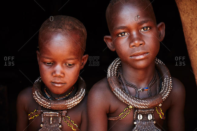 Namibia - March 18, 2016: Two children of Himba tribe, Namibia