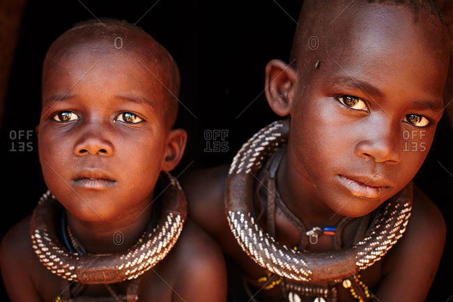 Namibia - March 18, 2016: Two children of Himba tribe in Namibia