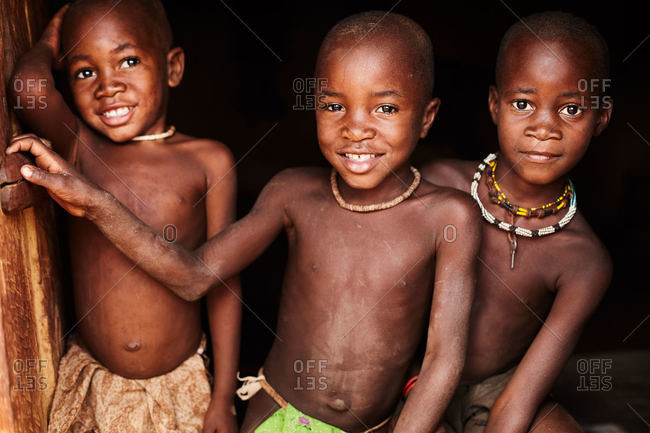 Namibia - March 20, 2016: Three Himba children in Namibia