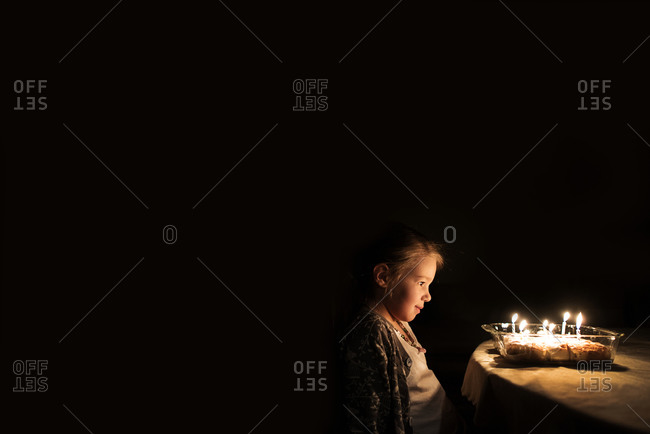 Girl making wish on her birthday cake candles