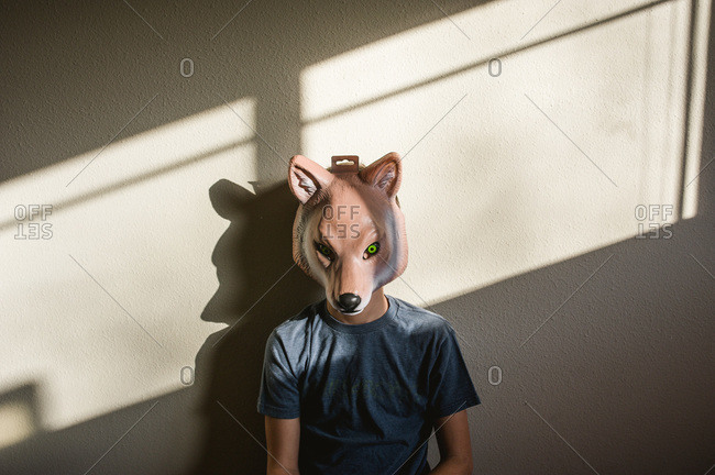 Boy in a plastic wolf mask