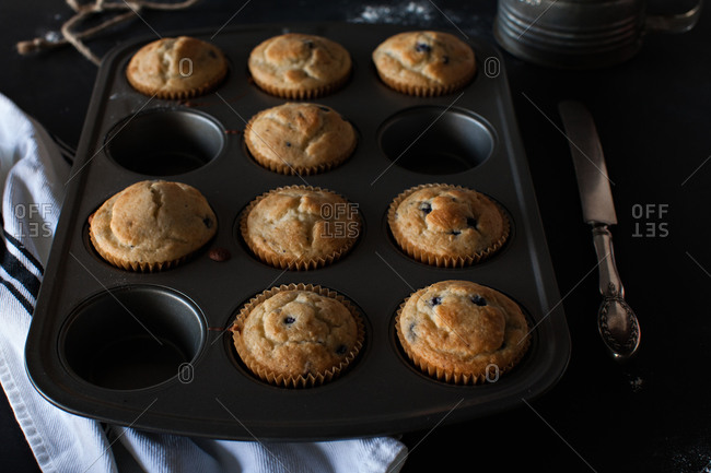 Blueberry muffins in a muffin pan