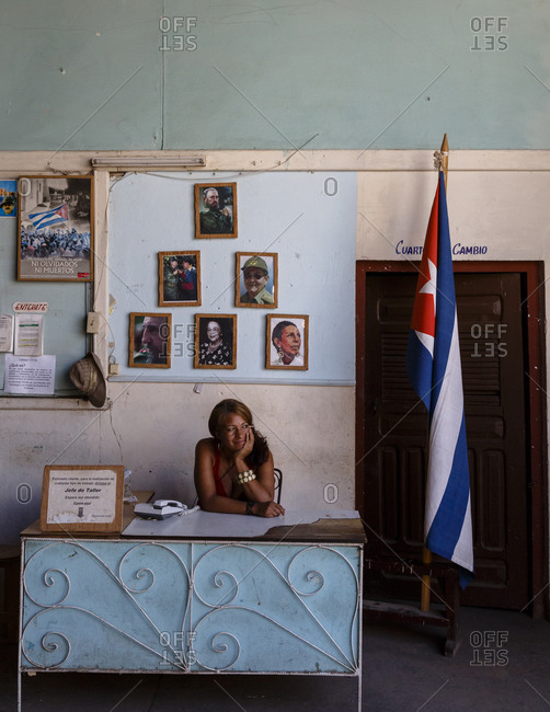 Santiago de Cuba, Cuba - February 3, 2016: Receptionist at a governmental carpentry, Santiago de Cuba, Cuba