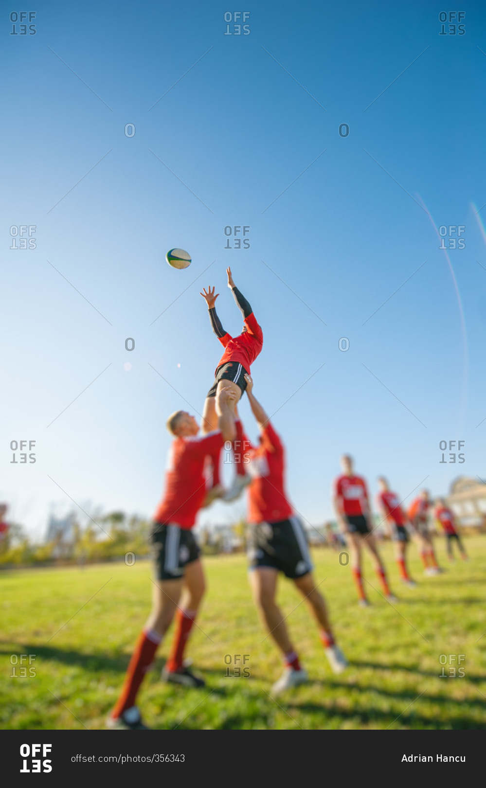Rugby Union players performing a lineout lifting during preparation exercise for the big game