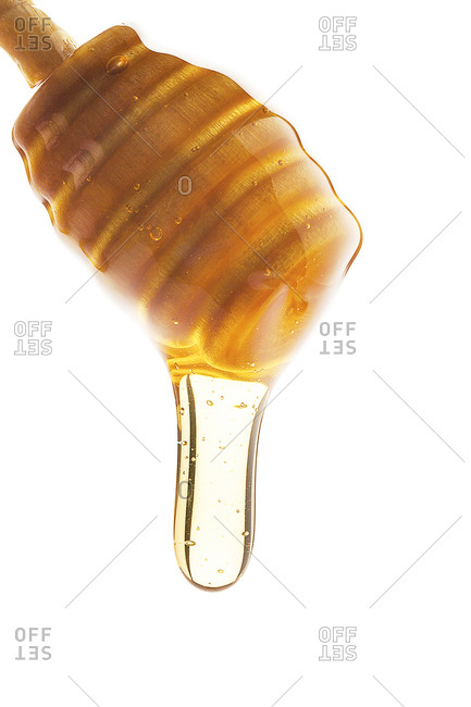 Honey dipper with honey on white background