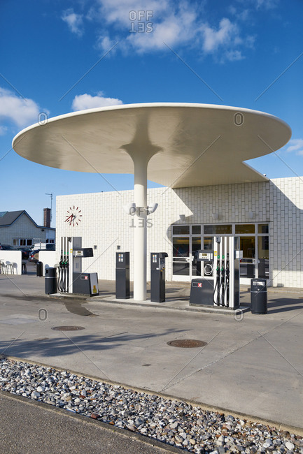 Denmark - June 17, 2014: Gas station by Danish designer Arne Jacobsen in Strandvejen outside Copenhagen, Denmark