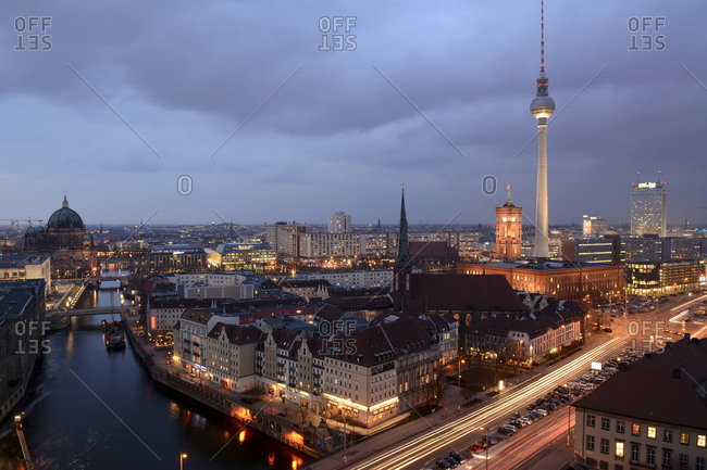 Berlin TV Tower and Leipziger Strasse in the evening