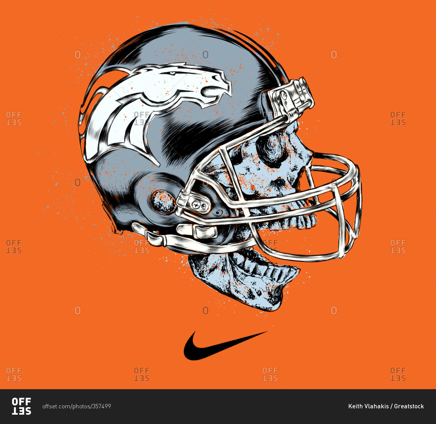 Illustration of a skull in a Denver Broncos helmet stock photo - OFFSET