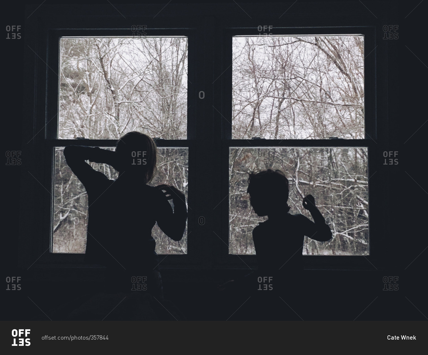 Silhouette of two children standing by a window looking out onto a winter landscape